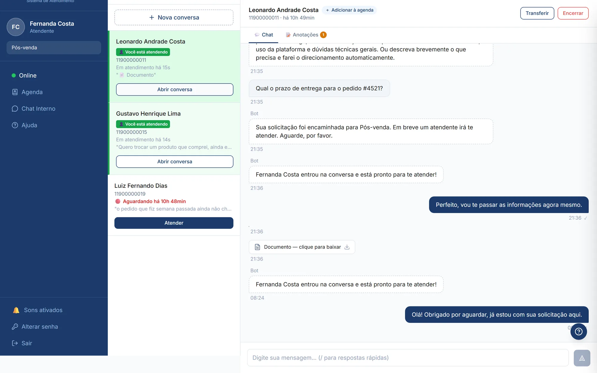 Conversa aberta no FluxioDesk com mensagens, mídia e respostas rápidas