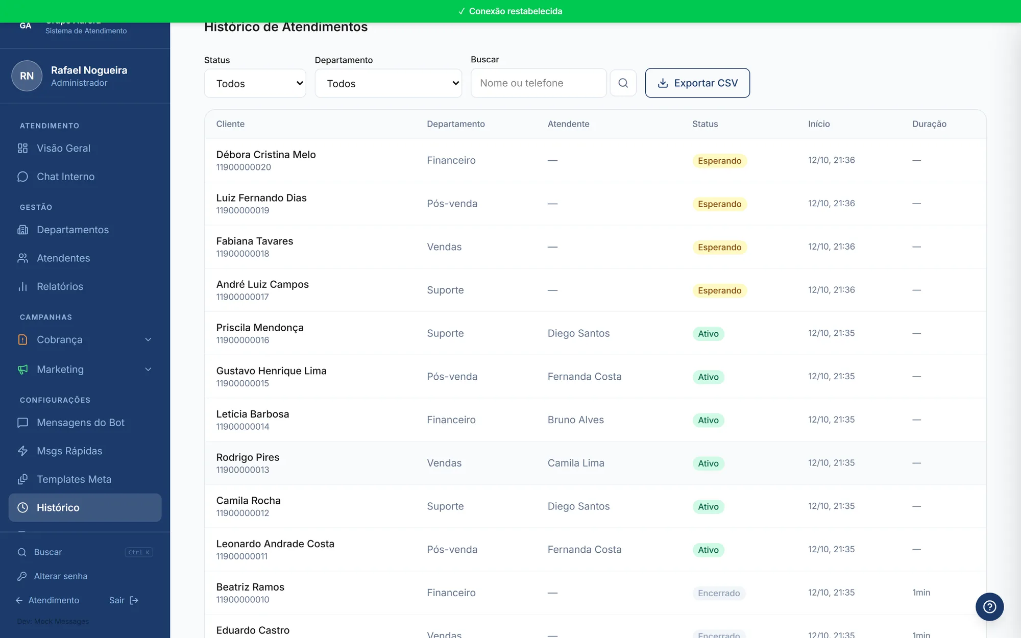 Histórico de atendimentos do FluxioDesk com a coluna de departamento definida automaticamente pela IA