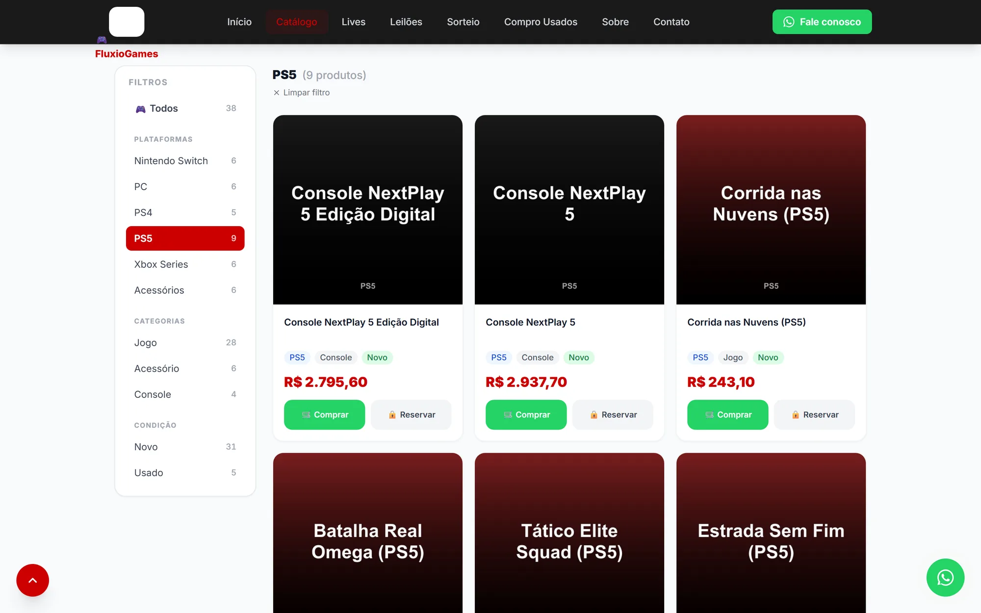Site vitrine da loja com catálogo organizado por plataforma, alimentado pelo próprio sistema